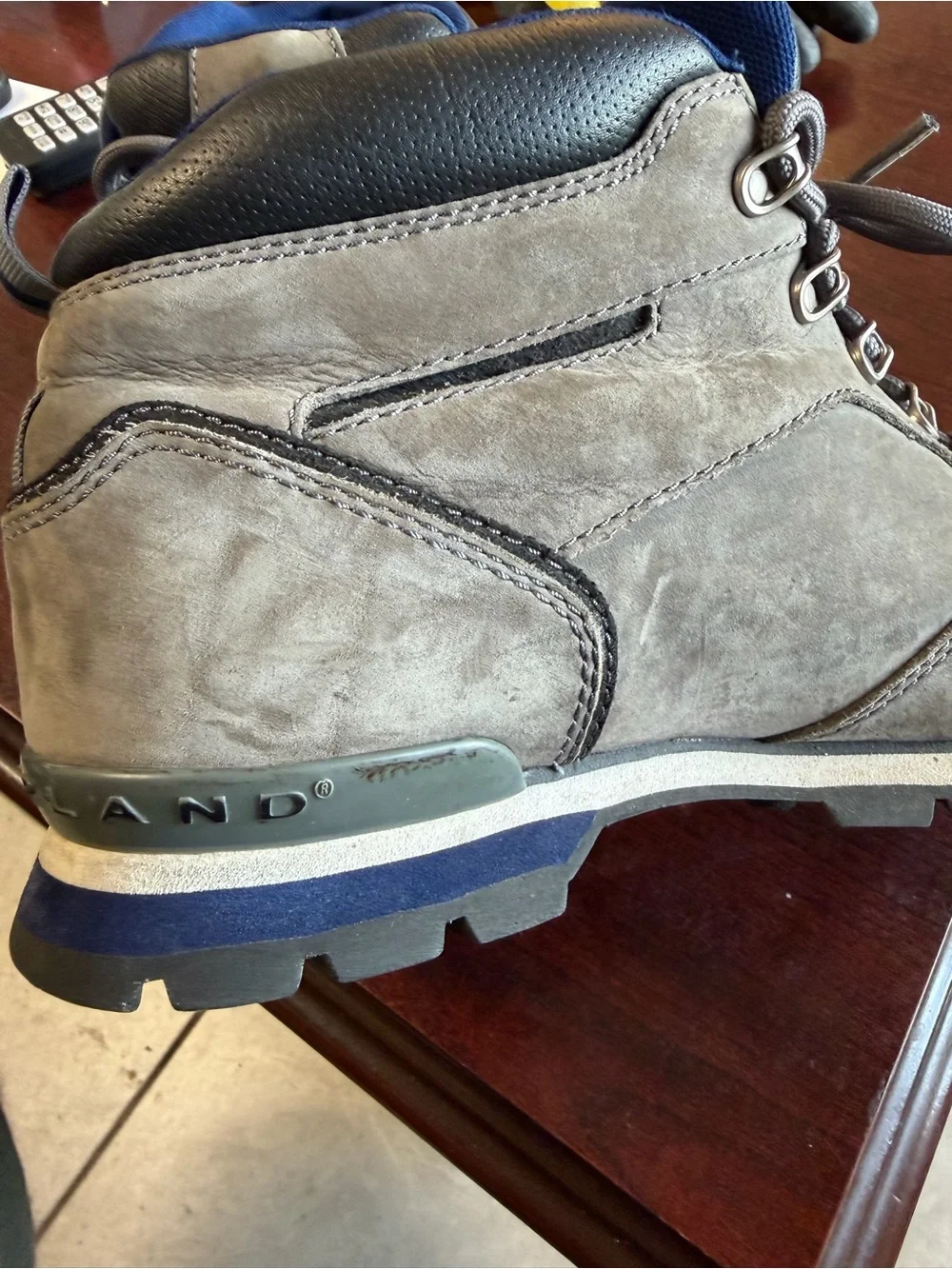 Timberland Gray Leather Lace-Up Hiking Boots with Blue Trim